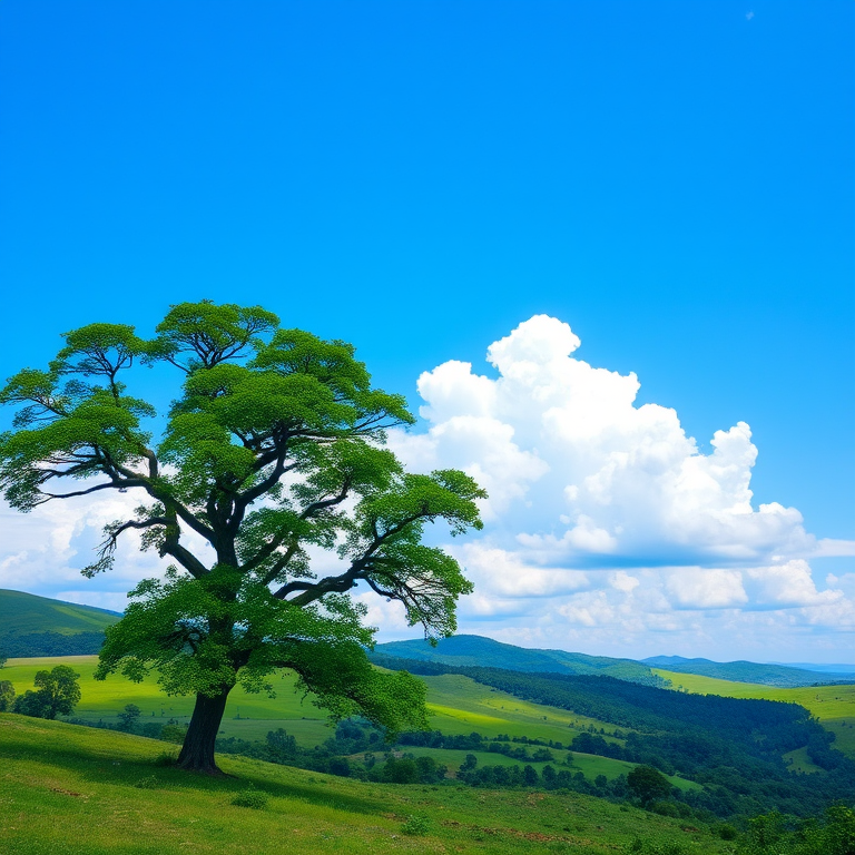 Regenerate a vibrant landscape scene with a large tree in the foreground, rolling green hills in the background, and fluffy clouds in a bright blue sky, using a wide-angle lens, f/8 aperture, 24mm focal length, and soft lighting for a tranquil atmosphere.