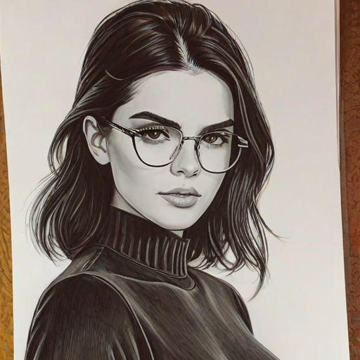 Ravishing Kendall Jenner, pencil sketch, portrait of Bewitching woman 1967s in glasses, hair style beatnik, outline, clear lines, fine lines, 8k