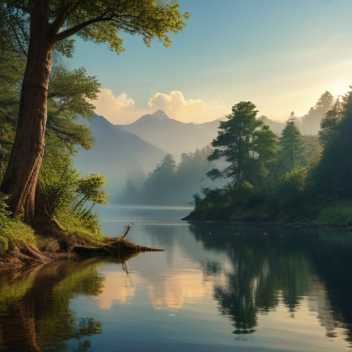 Serene Morning Reflections on a Calm Lake Surrounded by Mountains