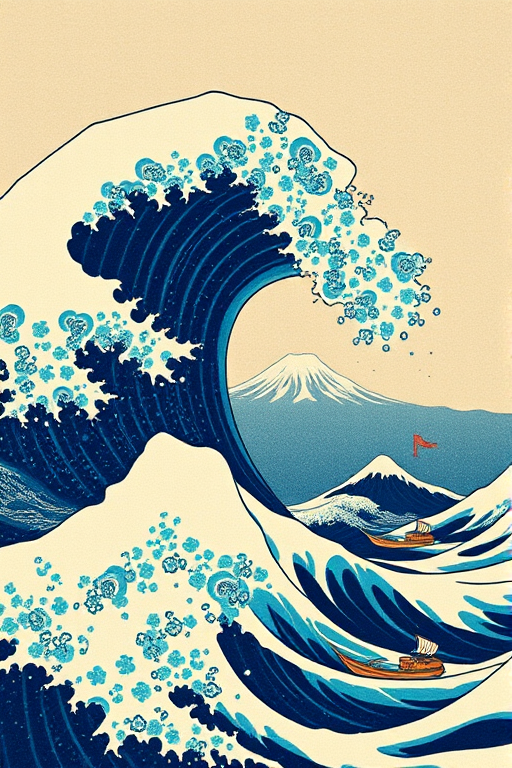 Regenerate a high-quality digital artwork inspired by classic Japanese woodblock prints featuring a massive wave, with intricate details in the foam, a distant view of Mount Fuji in the background, and boats struggling against the wave, using a DSLR camera with a 50mm lens, f/8 aperture, ISO 100, and soft natural lighting.
