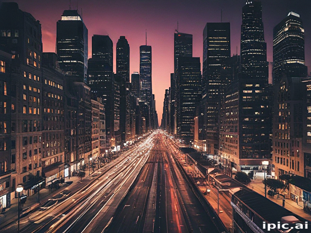 Stunning Cityscape at Dusk with Vibrant Lights and Skyscrapers