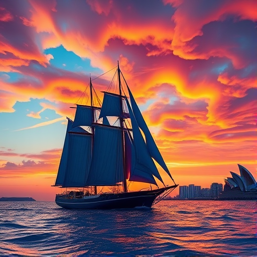 A vibrant seascape at sunset featuring a majestic sailing ship with billowing blue sails, painted in an impressionistic style with swirling clouds of orange, pink, and purple, city skyline in the background, photographed with a Canon EOS R5, 50mm lens, f/1.8 aperture, ISO 100, shot in portrait mode showcasing rich colors and dynamic contrast.