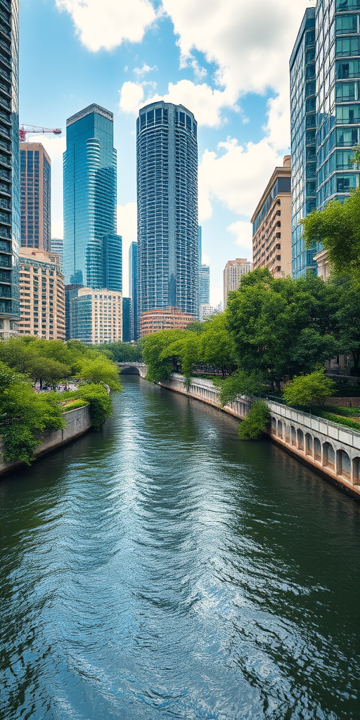 Generate an image of a riverside cityscape featuring modern skyscrapers and lush greenery, captured with a Canon EOS R5 at f/8, 1/200s, ISO 100, using a wide-angle lens for a vibrant, detailed view under natural lighting.