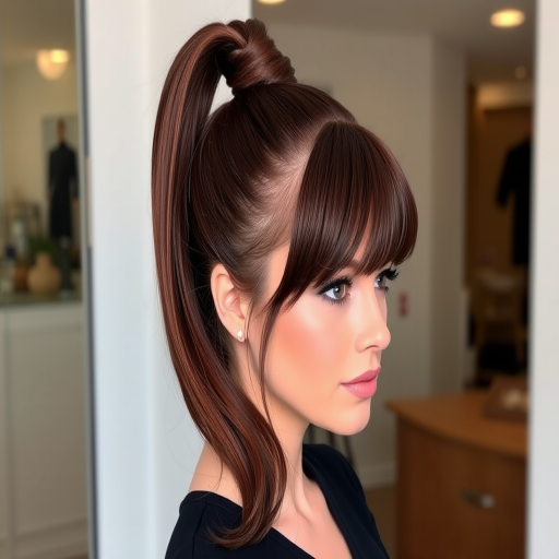 Chic hair style revealing a sleek high ponytail with a wrapped base and face-framing tendrils in a rich mahogany shade