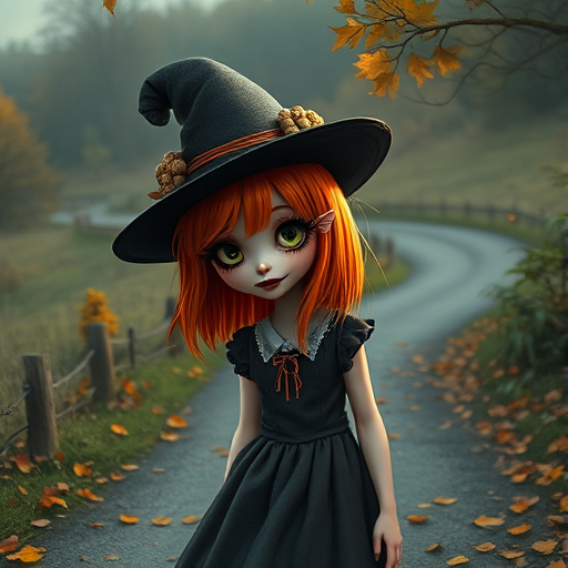 digital art fantasy depicting a strange girl with orange hair, long eyelashes, black lipstick and a tall hat walking along a winding road on an autumn afternoon, an Axolotl smiles as she passes