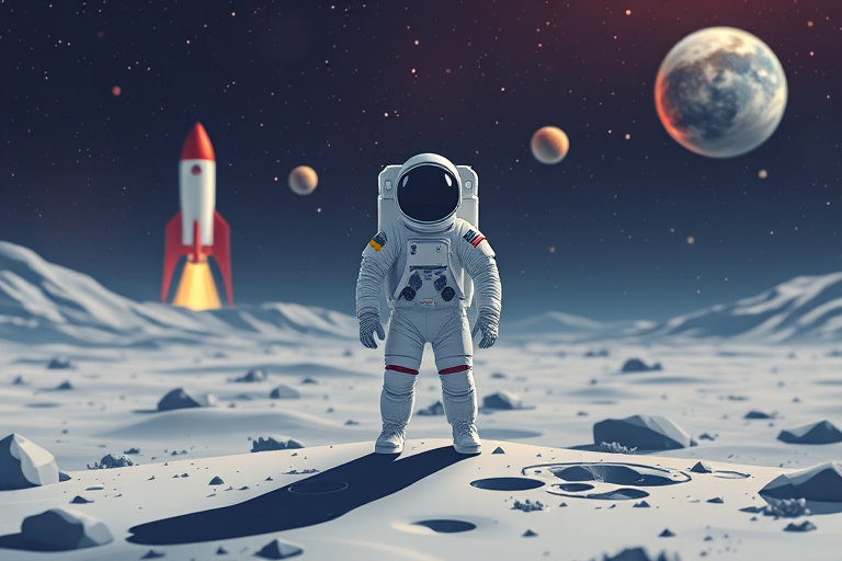 Create an illustration of an astronaut standing on a lunar surface with a rocket in the background and planets in outer space, using a DSLR camera with a 50mm lens, aperture set at f/1.8, ISO 200, and a shallow depth of field for enhanced focus and clarity.