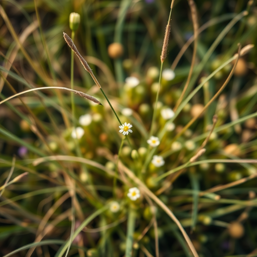 Regenerate the image of delicate grasses and small flowers in a natural setting with soft focus, using a 50mm lens, aperture f/2.8, shutter speed 1/250s, ISO 100, top-down view, natural light, and a DSLR camera for enhanced image quality.