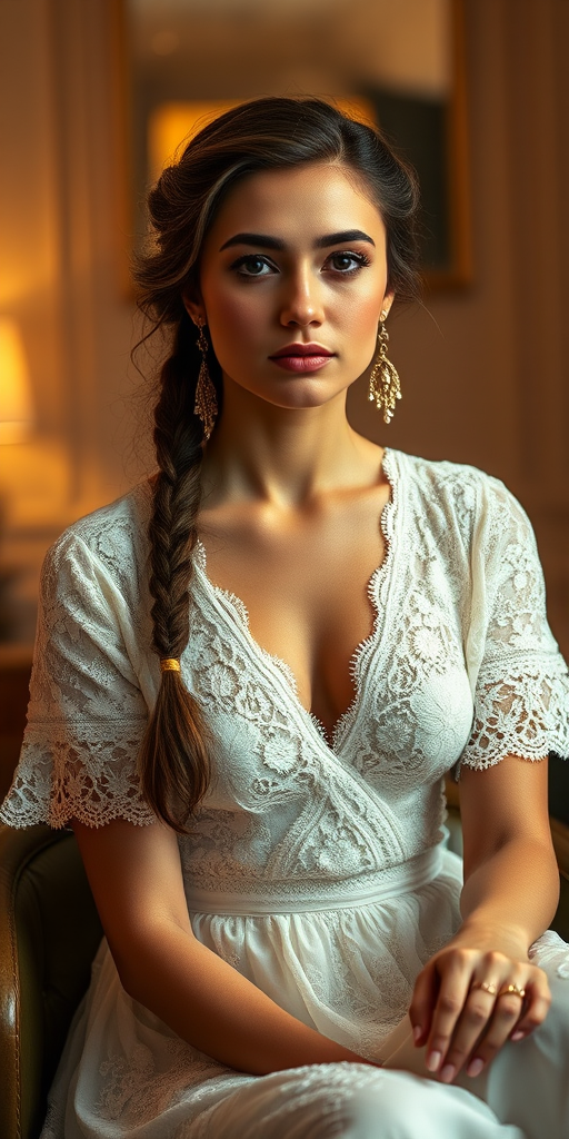 Create a portrait of a refined and elegant Kurdish woman seated in a sophisticated setting. She has long, wavy hair styled in two thick braids that are pulled over her shoulders. She wears a white, lace gown with intricate patterns, featuring a deep V-neckline and short sleeves. The dress exudes a vintage charm with its delicate lacework. She is adorned with ornate, dangling earrings that add a touch of glamour to her appearance. The background is softly lit, with warm, ambient lighting that creates a cozy and inviting atmosphere. Her expression is poised and serene, capturing a sense of grace and elegance.