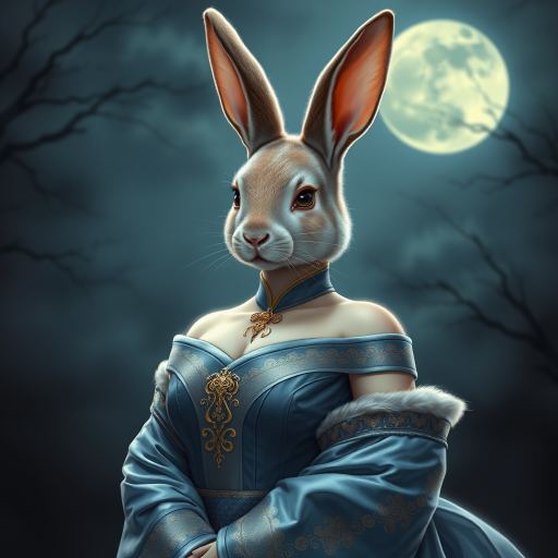 The photorealistic artwork portrays an anthropomorphic rabbit woman in traditional East Asian attire, set against a mystical, moonlit night scene.  Her rabbit features, including long ears and a soft snout, are highlighted by the delicate features of her fur-covered face.  She wears a flowing, off-the-shoulder gown in shades of blue and silver, adorned with intricate golden embellishments