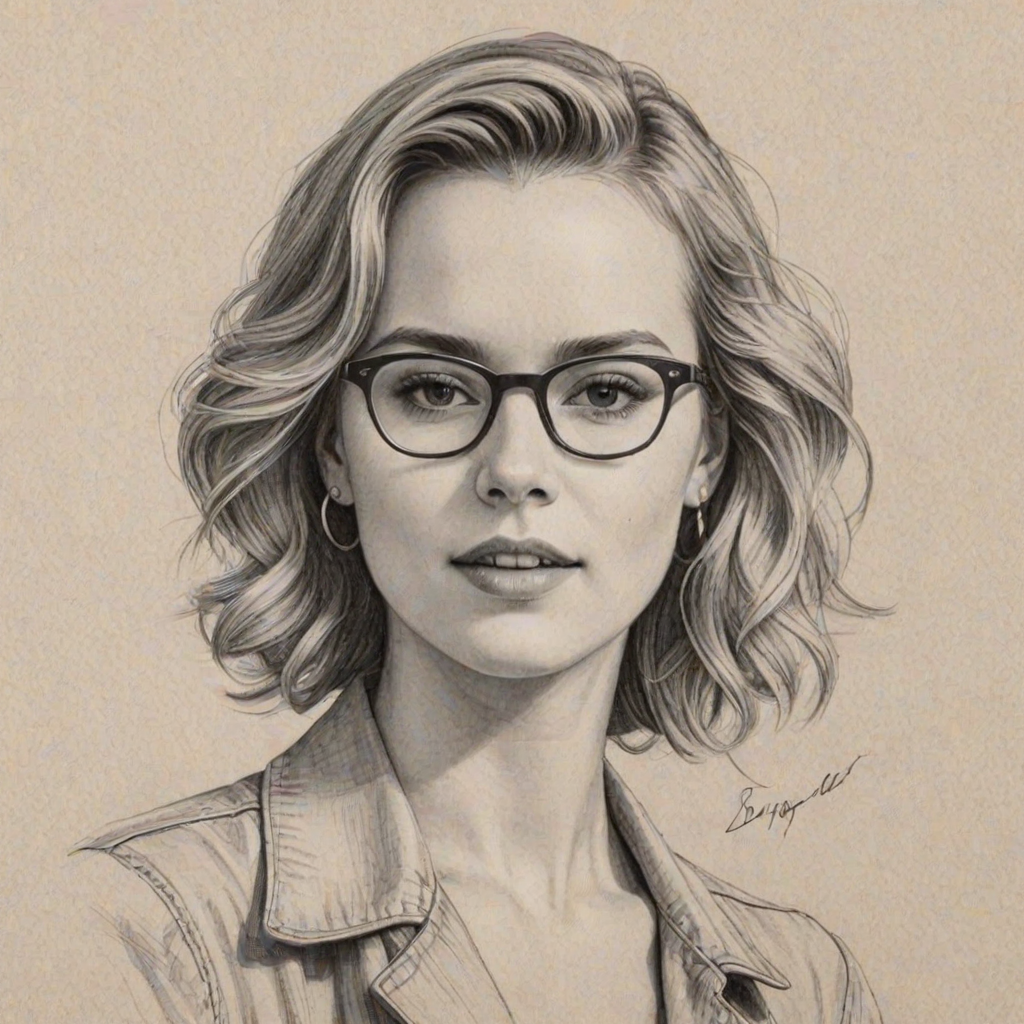 Stunning Bridgit Mendler, pencil sketch, portrait of Elegant woman 1938s in glasses, hair style beatnik, outline, clear lines, fine lines, 8k