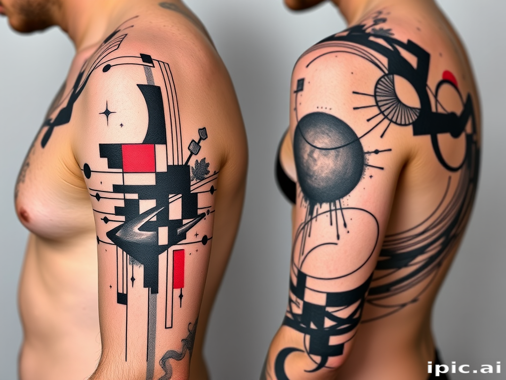 Avant-garde abstract tattoo with bold geometric shapes and fluid organic forms, rendered in a striking monochromatic palette with pops of vibrant color for a contemporary artistic statement