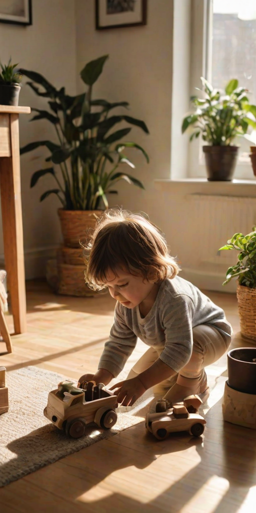 Warm, intimate image of a child playing with wooden toys on a living room floor, soft sunlight streaming through a window, shadows from houseplants dancing on the walls, the smell of fresh coffee brewing in the background.