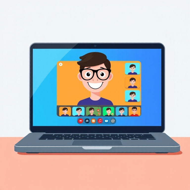 Create an illustration of a laptop displaying a video call interface with a friendly character wearing glasses on the main screen, colorful user interface with smaller participant thumbnails, vibrant blue background, camera settings: f/2.8 aperture, 1/60 shutter speed, ISO 100, camera view: straight-on, camera style: flat design, camera type: digital illustration.