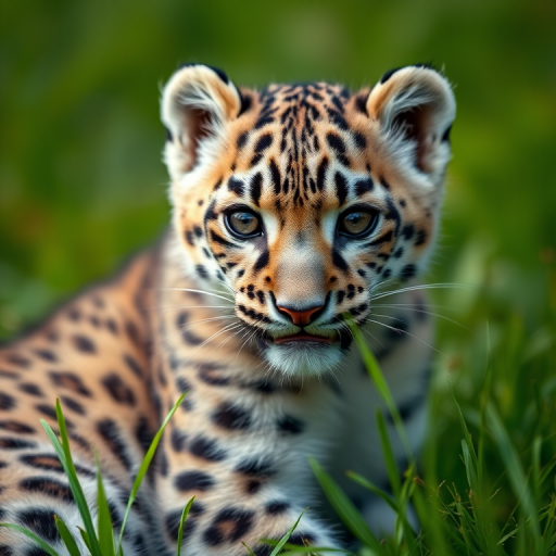 A close-up shot of a snow leopard cub with a shallow depth of field, shot with a Canon EOS R5 at f/2.8, ISO 200, 1/500s, capturing natural colors and soft background blur in a vibrant green grass setting.