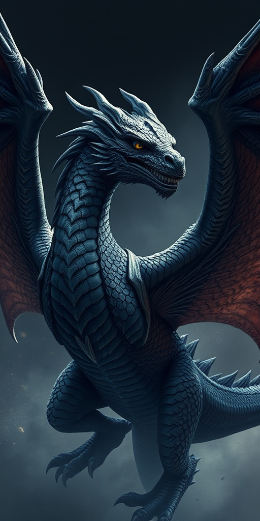 Create a highly detailed illustration of a black dragon with intricately patterned scales and large wings, in a dynamic pose showing its power, shot with a DSLR camera at f/8, ISO 100, 50mm lens, with dramatic lighting and a slight low-angle view to emphasize its majesty.