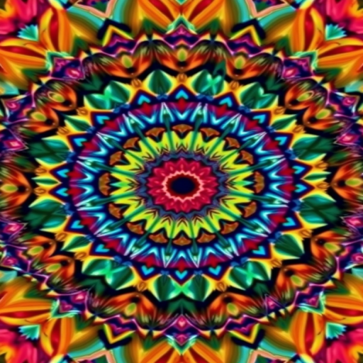 create a high-resolution digital mandala design featuring vibrant and intricate patterns with a kaleidoscopic effect, utilizing a Canon EOS R5 camera, f/8 aperture, ISO 100, 24mm lens, and a top-down view for enhanced symmetry and detail