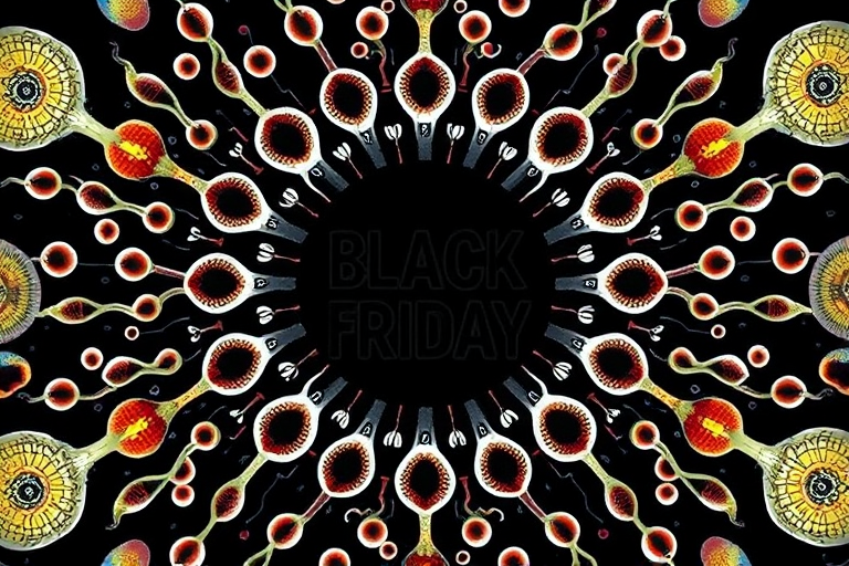 create an abstract design featuring the text Black Friday in the center with a radial pattern of sperm shapes surrounding it, use a DSLR camera with a 50mm lens, aperture set to f/2.8, ISO 100, and a high contrast setting for enhanced quality, focus on sharp details and vibrant colors