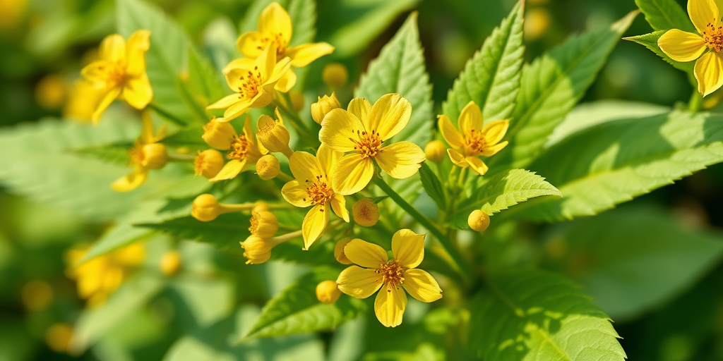 regenerate a detailed illustration of a flowering plant with green leaves and yellow flowers, captured in high resolution with a macro lens, using f/2.8 aperture for a shallow depth of field, in natural light for enhanced color vibrancy, shot from a slightly elevated angle to showcase the plant's structure and details.