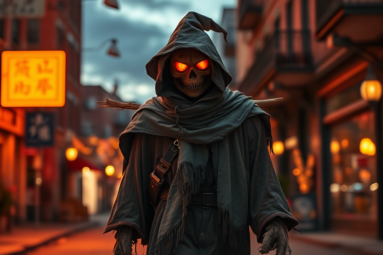scarecrow character in a tattered cloak with glowing eyes walking through a fiery urban street at dusk, high resolution, f/1.8 aperture, ISO 200, 50mm lens, HDR photography, cinematic style, DSLR camera