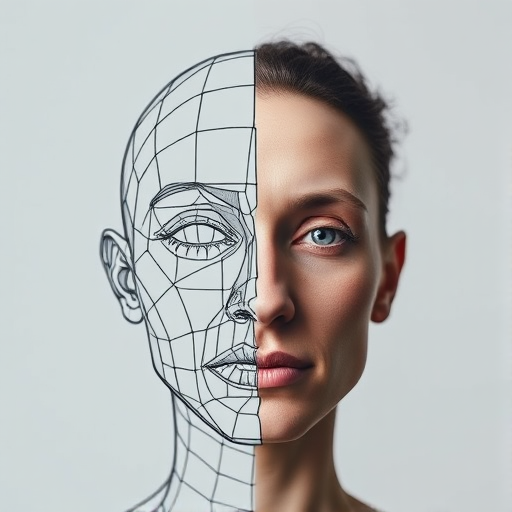 Generate an artistic representation of a human face split in half, one side with a wireframe design and the other side a realistic face, using a Canon EOS R5 with a 50mm lens at f/1.8, ISO 100, and a shutter speed of 1/125s, in a studio setting with soft diffused lighting.