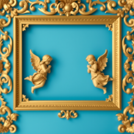 regenerate an ornate golden frame featuring two angelic figures on a bright blue background, use a DSLR camera with a 50mm lens, aperture set to f/2.8, ISO 100, and a shallow depth of field for a soft focus effect, high resolution, and vibrant colors to enhance image quality.