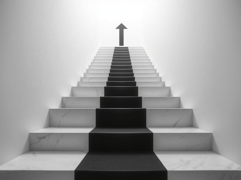 Create a minimalist black and white image of an upward staircase with an arrow indicating progress, shot with a DSLR camera at f/8 aperture, ISO 100, using a wide-angle lens, high resolution for clarity.