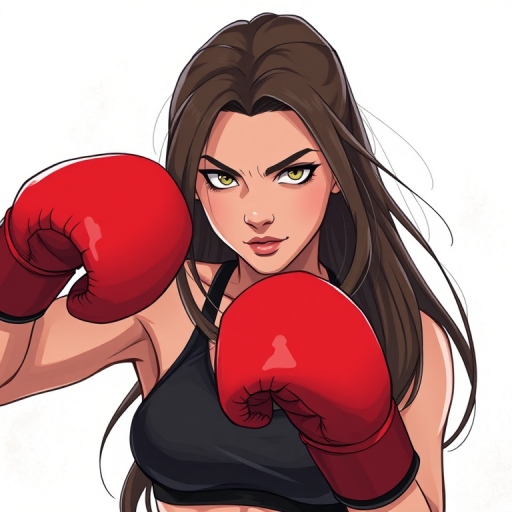 Create a high-resolution illustration of a strong female boxer with long hair, wearing red gloves and a black sports bra, facing the viewer with a determined expression, use a Canon EOS R5 with a 50mm f/1.2 lens, 1/200 second exposure, f/1.8 aperture, ISO 100, natural lighting with a soft focus background.