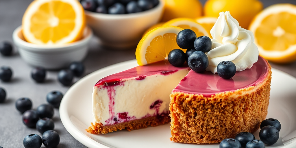 Blueberry cheesecake with a graham cracker crust topped with fresh blueberries and whipped cream garnished with lemon slices displayed on a white plate alongside a bowl of blueberries and lemons in the background.