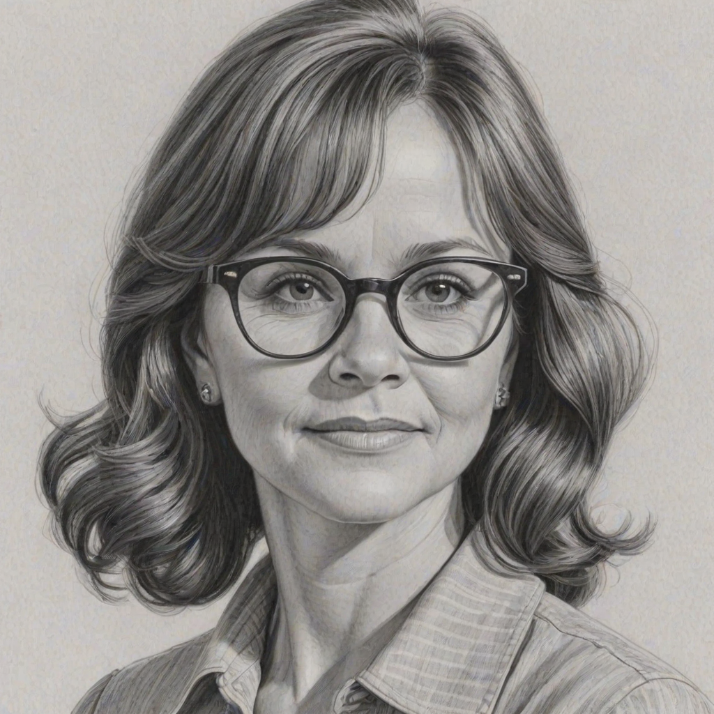 Elegant Sally Field, pencil sketch, portrait of Sublime woman 1951s in glasses, hair style beatnik, outline, clear lines, fine lines, 8k
