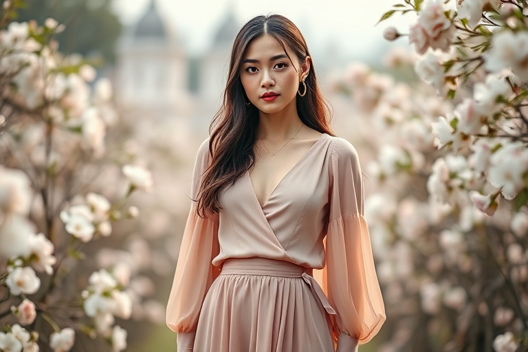 Create a soft-focus portrait of a woman in an elegant outfit with a deep v-neck top and a flowing skirt, standing amidst a backdrop of blooming flowers, using a Canon EOS R5 with a 50mm f/1.2 lens, aperture set to f/2.8, ISO 100, and a warm color profile to enhance details and softness.