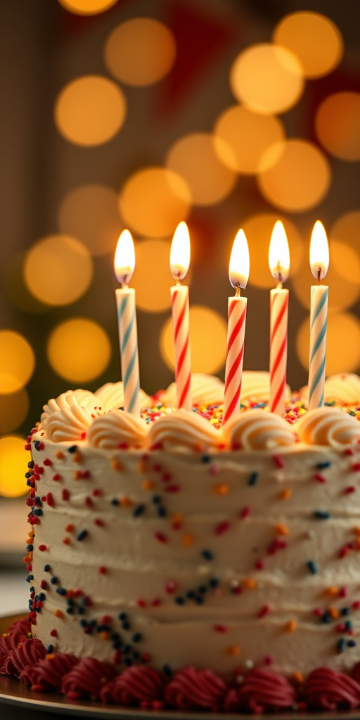 Generate a high-resolution image of a decorated birthday cake with five lit candles, soft bokeh background, taken with a DSLR camera, 50mm lens, aperture f/1.8, ISO 200, natural light, focus on the cake with a shallow depth of field.