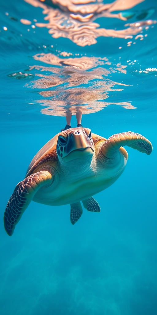 A large turtle swimming in clear blue waters with a person standing on its back, vibrant underwater details, shot with a DSLR camera at f/8, ISO 100, 24mm lens, wide-angle view, bright lighting for enhanced colors.