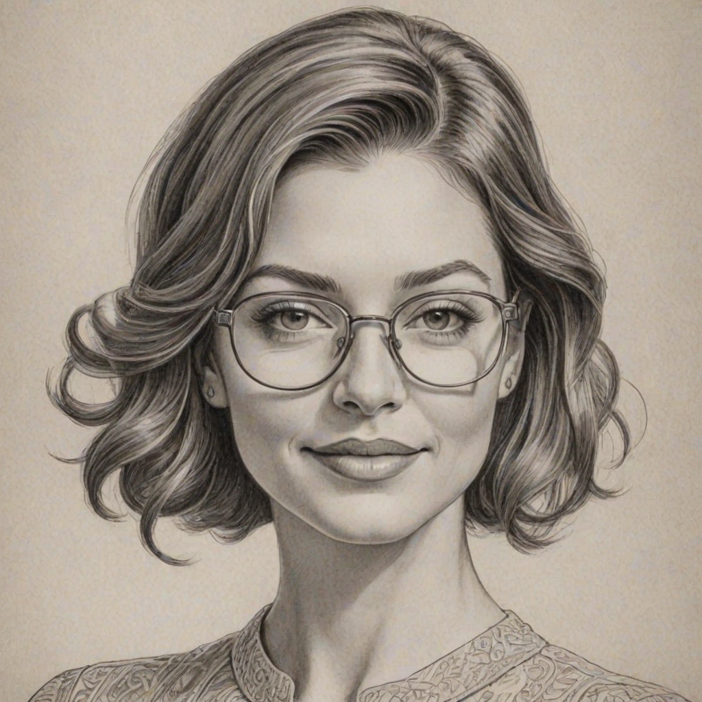 Radiant Bianca Kajlich, pencil sketch, portrait of Stunning woman 1929s in glasses, hair style beatnik, outline, clear lines, fine lines, 8k