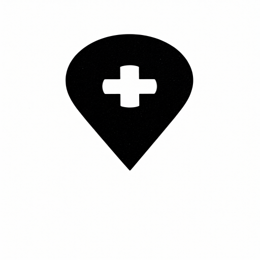 Create a simple black and white map pin icon with a plus sign in the center, using a 50mm lens, f/1.8 aperture, ISO 100, and natural lighting for clarity, shot in a top-down view with a digital camera.