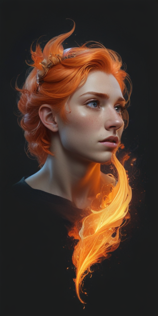 Enchanting Portrait of a Woman with Fiery Orange Hair and Flames