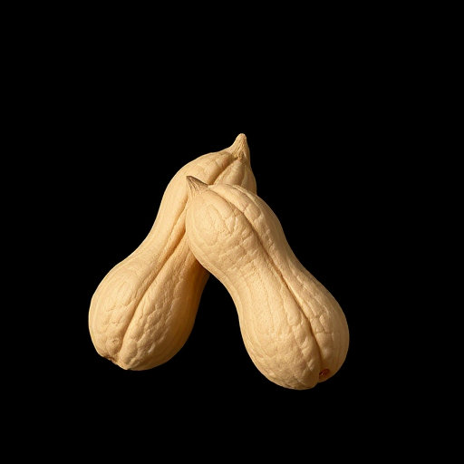 Create a high-resolution illustration of two peanuts in their shells on a plain black background, using a Canon EOS R5 camera with a 50mm f/1.8 lens, aperture set to f/8, ISO 100, and natural lighting for enhanced details and textures.