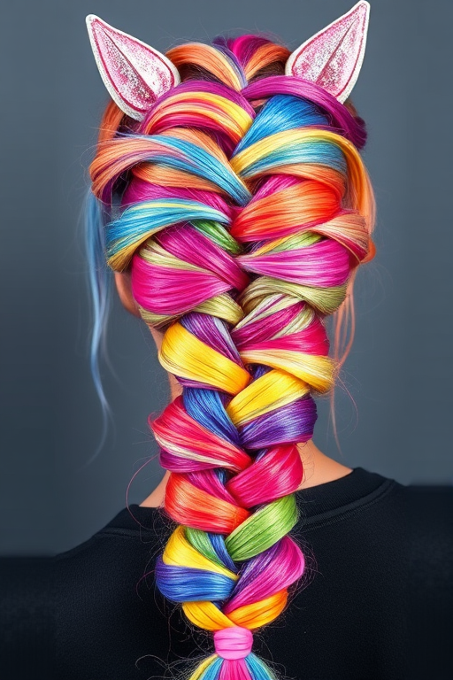 Whimsical rainbow unicorn braid, called "Prism Princess," intertwines multiple vibrant hues in a stunning, intricate plait that sparkles with glitter
