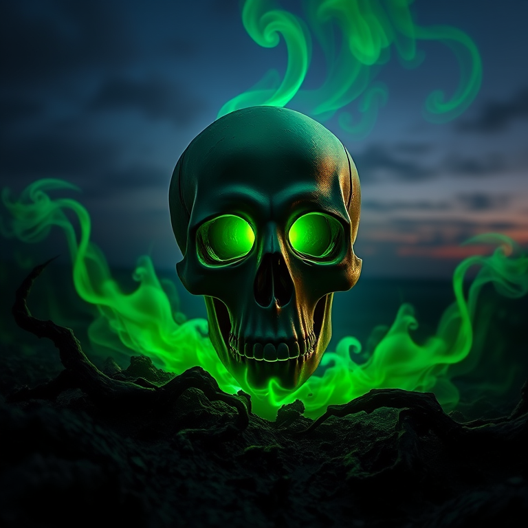 Create an eerie and vibrant depiction of a green skull with glowing eyes emerging from a dark, twisted landscape, with wisps of green smoke spiraling around, using a DSLR camera with a 50mm lens, f/1.8 aperture, ISO 100, and a long exposure at dusk for enhanced texture and depth.