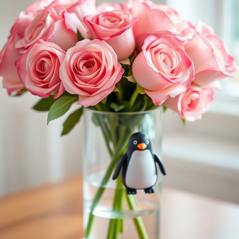 A clear glass vase with a bouquet of pink roses and a small penguin figurine inside, shot with a Canon EOS R5, 50mm lens, f/1.8 aperture, ISO 100, natural lighting, shallow depth of field, focused on the penguin with a soft bokeh background.