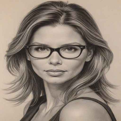 Gorgeous Charisma Carpenter, pencil sketch, portrait of Lovely woman 1955s in glasses, hair style beatnik, outline, clear lines, fine lines, 8k