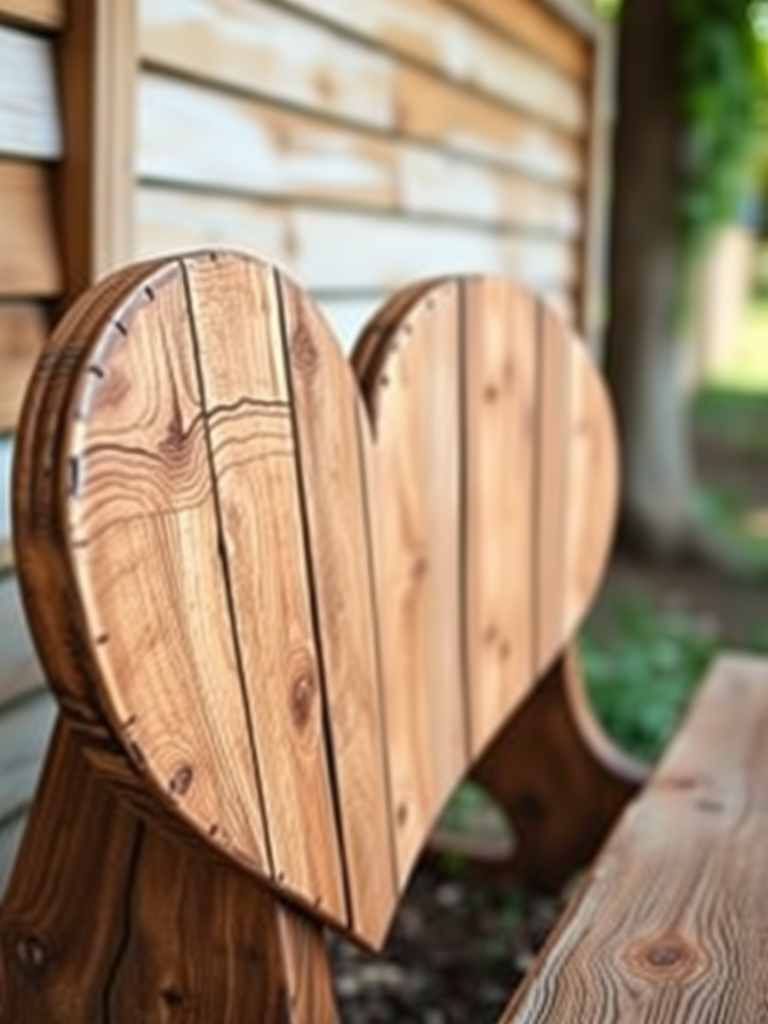 Create an image of a heart-shaped wooden bench with a rustic design, taken with a DSLR camera at f/2.8 aperture, ISO 100, 50mm lens, shot in natural light from a front view, focusing on detail and texture.