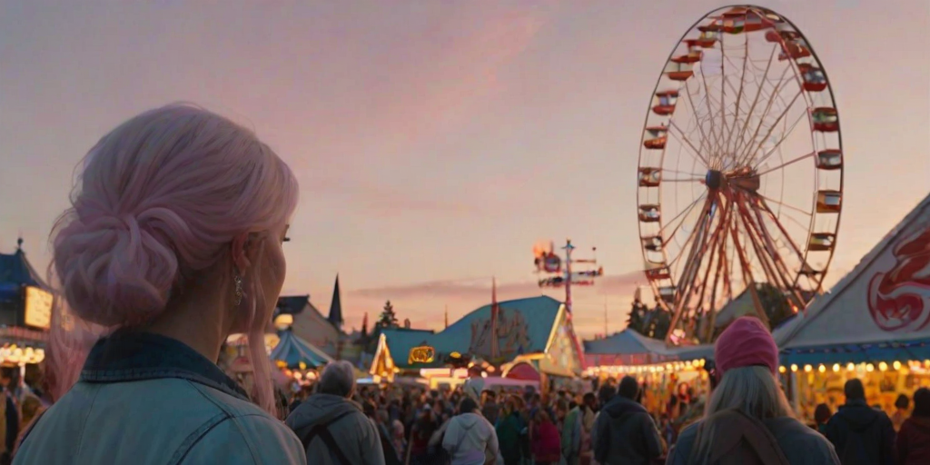 Small-town fairground at sunset, the Ferris wheel turning slowly in the distance, a woman with a cone of cotton candy walks through the crowd, her eyes wide with wonder.