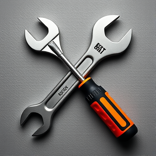 Create a high-quality vector illustration of a wrench and a screwdriver, using a Canon EOS R5 with a 50mm f/1.8 lens, set to aperture f/4.0, ISO 100, capturing from a slightly angled top-down view with soft, diffused lighting for clarity and detail.