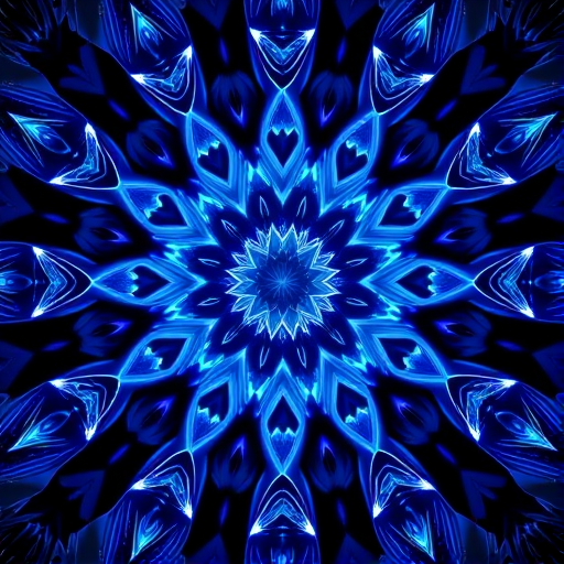 create a detailed, high-resolution fractal pattern with a blue color scheme, incorporating intricate geometric shapes and luminous points of light, using a Canon EOS 5D Mark IV, f/8 aperture, 30-second exposure, ISO 100, shot from a top-down perspective to capture the symmetry and depth.