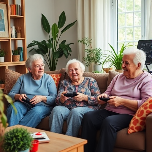 A cozy living room scene featuring three elderly women joyfully playing video games on a couch, surrounded by houseplants and colorful pillows, captured with a Canon EOS R5, 50mm lens, f/1.8, ISO 400, natural light, warm color grading.