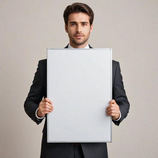 Create an image of a professional individual in a business suit, holding a large blank whiteboard in front of their face. The background should be neutral to emphasize the person and the blank board. Make sure the person's hands are visible, and they are positioned at mid-chest level, showcasing the blank space clearly.