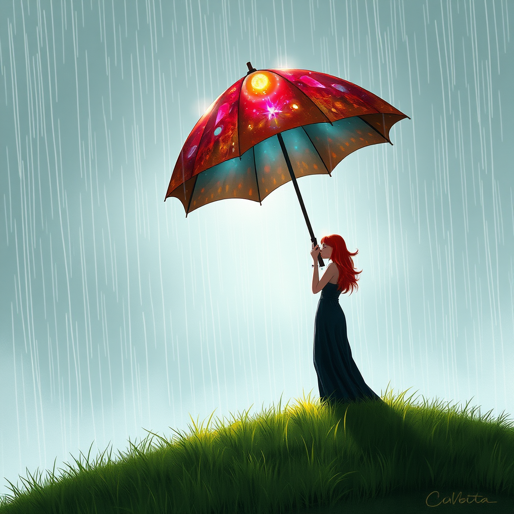 A surreal hand-drawn digital artwork depicting a mysterious red-haired woman standing on a grassy hill under the rain. She holds an umbrella crafted from iridescent zircon, its vibrant sheen contrasting with the soft, rainy atmosphere. The scene feels dreamlike, blending the natural elements of the hill and rain with the otherworldly shimmer of the umbrella.