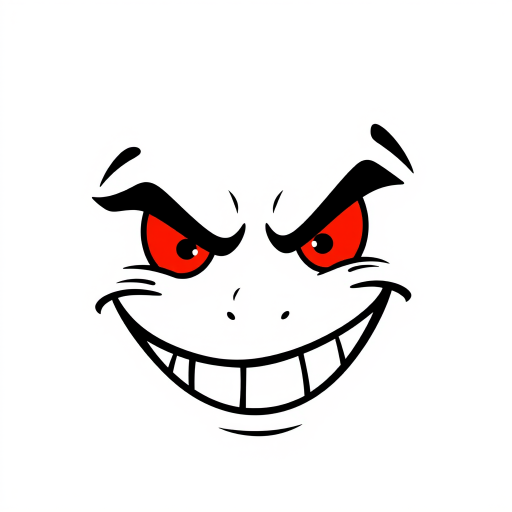 Create a minimalist illustration of a mischievous face with bold black eyebrows, bright red eyes, and a sly smile on a transparent background.