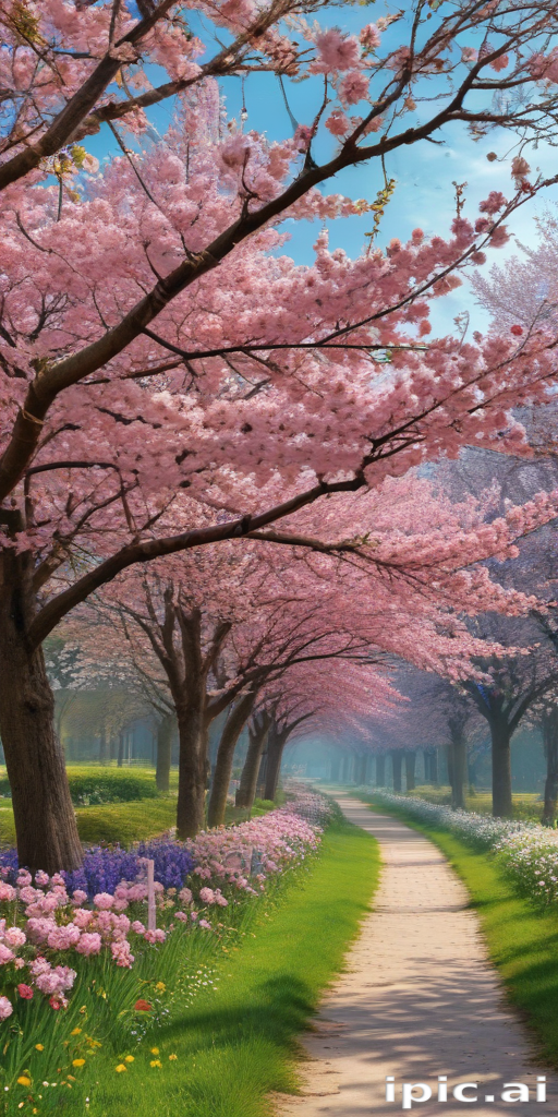 A Serene Pathway Surrounded by Blooming Cherry Blossom Trees in Springtime.