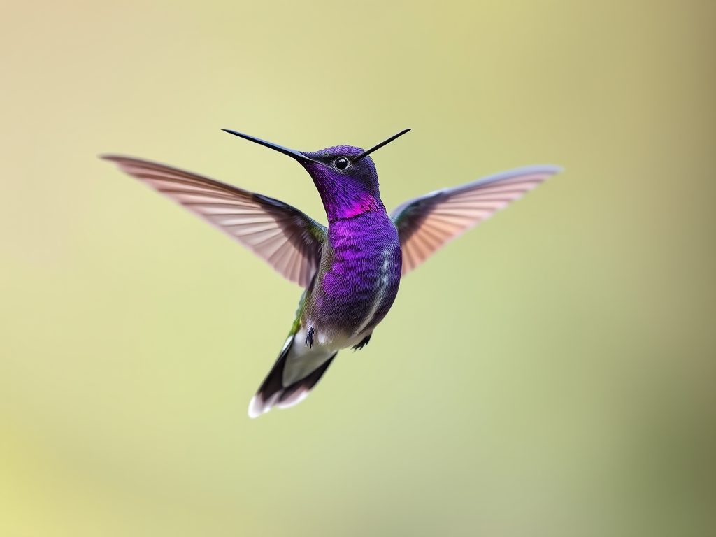 Create a high-resolution image of a purple hummingbird in flight against a soft blurred background, using a Canon EOS 5D Mark IV with a 50mm f/1.2 lens, aperture set to f/2.8, ISO 100, and a shutter speed of 1/2000s.
